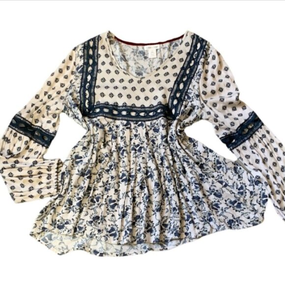 Clover + Scout M BOHO Lagenlook LS Blouse Mixed Floral Ladder Lace Trim 23G - Picture 3 of 8